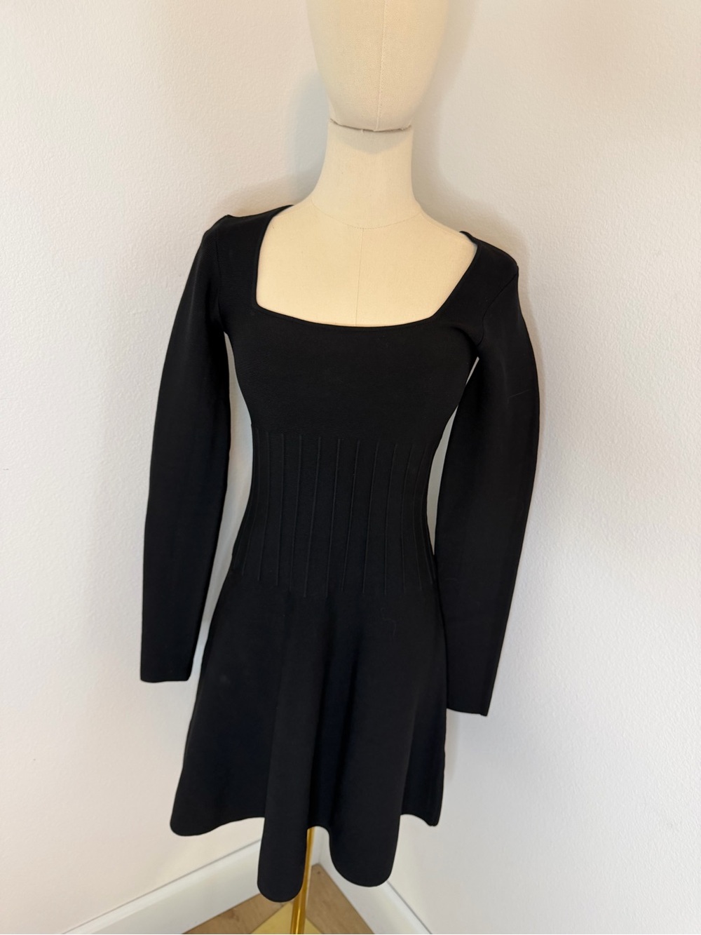 STAUD Black‎ Long-Sleeve Square Neck Tight Knit Dress - Size Small